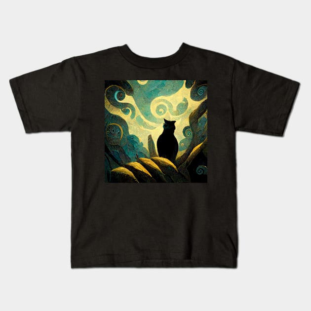 Van Gogh inspired black cat Kids T-Shirt by StoneyPhenix